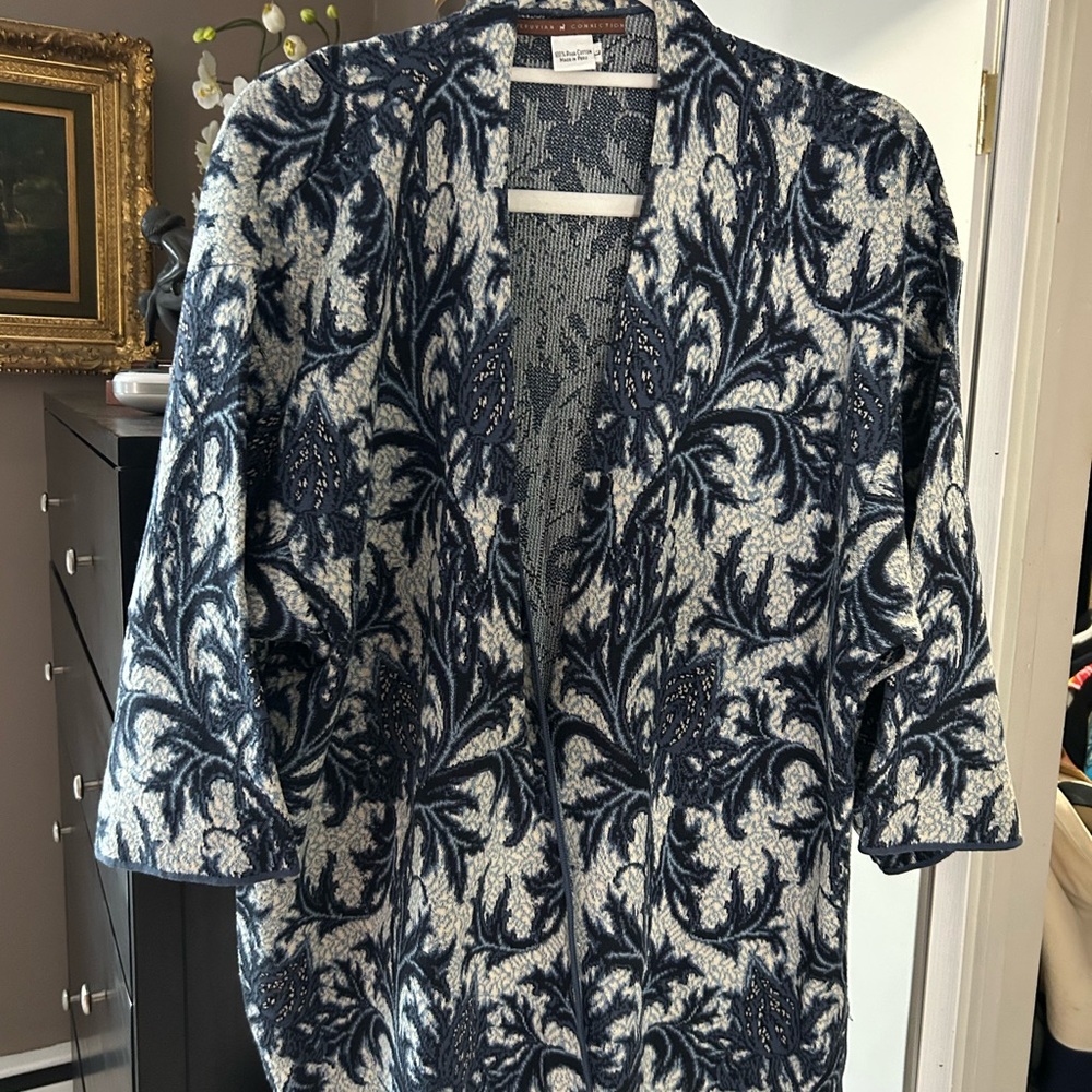 Blue and White Patterned Open Cardigan